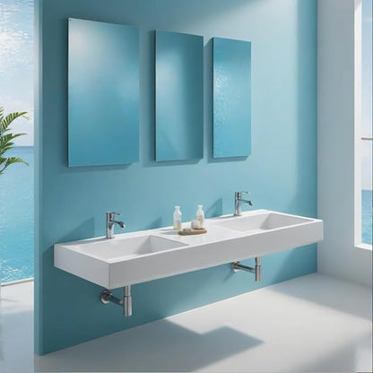 59" Wall Mount Sink Matte Bathroom Vanity Vessel Sinks Artificial Stone Rectanglee Indoor Outdoors Modern Floating or Countertop Freestanding Wall Hang Sink Bowl… (2 Faucet Holes 59'')
