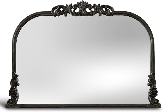 English Estate Carved Arch Wood Wall Mirror, Mirror for Entryway, Living Room, Bathroom, Distressed Black, 30.6x41