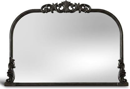 English Estate Carved Arch Wood Wall Mirror, Mirror for Entryway, Living Room, Bathroom, Distressed Black, 30.6x41