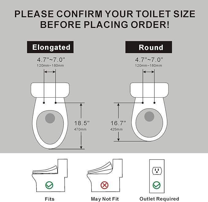 Electric Bidet Toilet Seat with Remote Control, Heated Bidet Seat, Warm Water Wash, Warm Air Drying, Rear & Front Wash, Self-Cleaning Nozzle, Night Light, LED Display Requires Outlet - Round