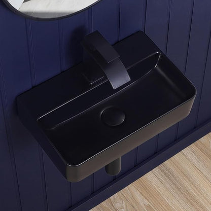 Wall Mount Bathroom Vessel Sink Matte Black 17.7"x11" Rectangular Floating Porcelain Ceramic Black Wall Hung Vanity Basin Sink for Home,RV,Bathroom