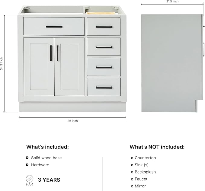 ARIEL Hepburn 36-inch Bathroom Vanity Base Cabinet,Solid Wood, 2 Soft Closing Doors, 5 Dovetail Drawers, Grey