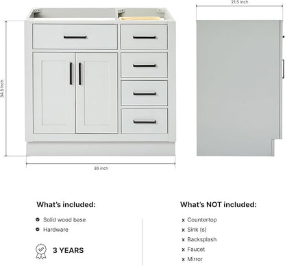 ARIEL Hepburn 36-inch Bathroom Vanity Base Cabinet,Solid Wood, 2 Soft Closing Doors, 5 Dovetail Drawers, Grey