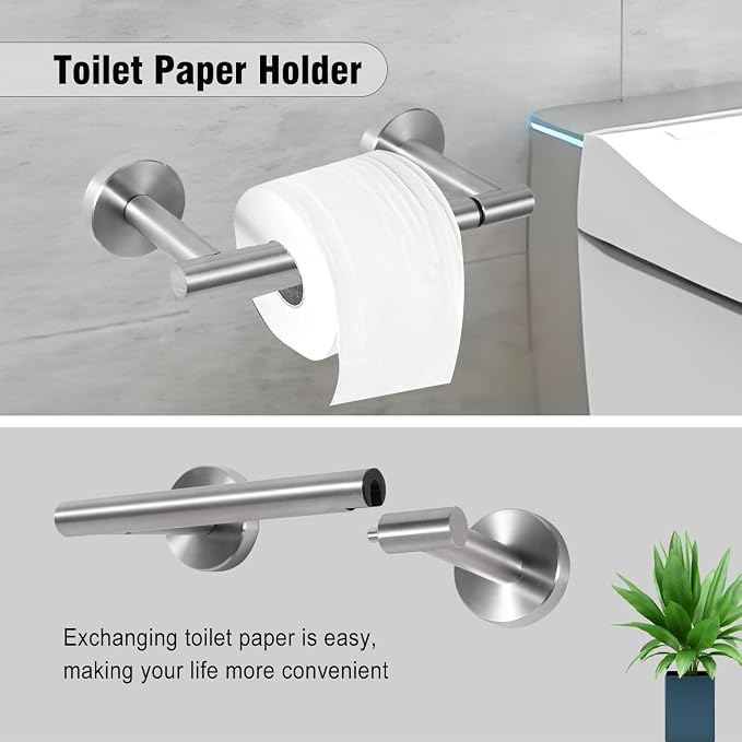5 Piece Modern Style Wall Mounted Bathroom Hardware Set | #304 Stainless Steel, 24" Towel Bar Mount, Towel Rings, 2 Pillar Toilet Paper Holder, Bathrobe Hook (Brushed Nickel)