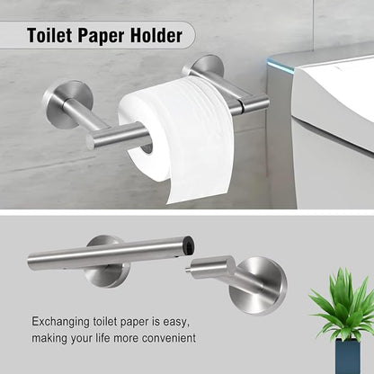 5 Piece Modern Style Wall Mounted Bathroom Hardware Set | #304 Stainless Steel, 24" Towel Bar Mount, Towel Rings, 2 Pillar Toilet Paper Holder, Bathrobe Hook (Brushed Nickel)