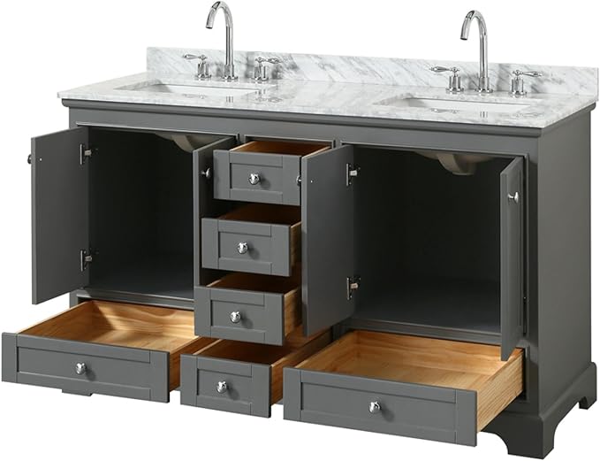 Wyndham Collection Deborah 60 inch Double Bathroom Vanity in Dark Gray, White Carrara Marble Countertop, Undermount Square Sinks, and No Mirror