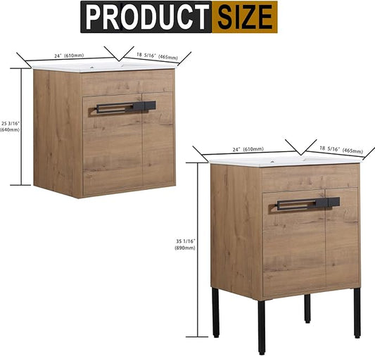 SSLine 2-in-1 Wall Mounted & Free Standing Bathroom Vanity with Sink Modern 24" Bathroom Vanity with Top Basin&Storage Cabinet Brown Oak Wood Bath Vanity w/Ceramic Sink for Small Space-Legs Removable
