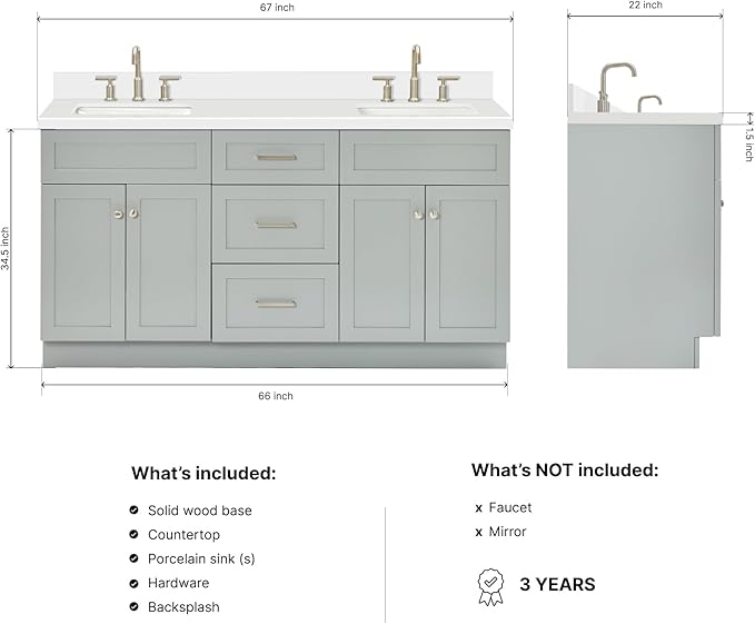 ARIEL Hamlet 66-inch Bathroom Vanity with Sink,Solid Wood, 1.5-inch Pure White Quartz Countertop & Backsplash, Double Rectangular Porcelain Sink, 4 Soft Closing Doors, 3 Dovetail Drawers, Grey