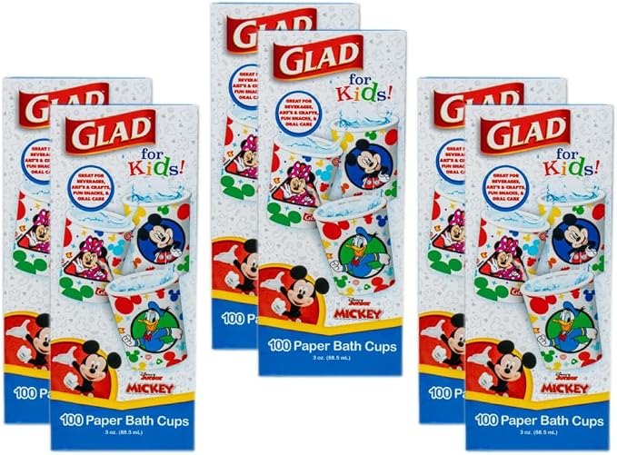 Glad for Kids Disney Mickey and Friends Mini Paper Cups, 3 Oz, 100 Ct, 6-Pk | Soak-proof bathroom rinse cups sized for little hands; colorful Mickey Mouse designs