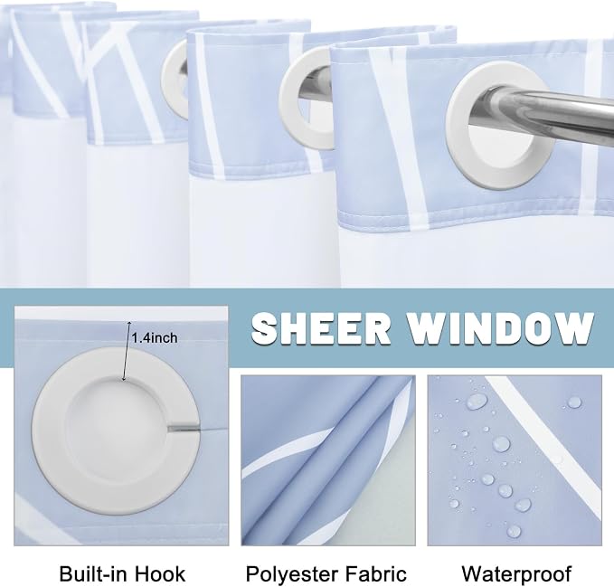 LXBNI No Hook Shower Curtain with Snap-in Liner, Waterproof & Washable Polyester Fabric, Abstract Line Pattern, Hotel Style Modern Shower Curtains for Bathroom, 71x77 Inches,Ombre Blue