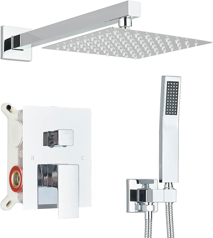 Shower Faucet Polished Chrome Shower System with 8 Inches Rain Shower Head and Handheld Spray Bathroom Luxury Rain Shower Faucet Set Complete Wall Mounted