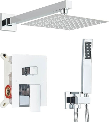 Shower Faucet Polished Chrome Shower System with 8 Inches Rain Shower Head and Handheld Spray Bathroom Luxury Rain Shower Faucet Set Complete Wall Mounted