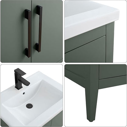 HomeBeyond 24 Inch Bathroom Vanity with Sink & Ceramic Top, Single Vanity Cabinet with Basin, Soft-Closing Doors & Matte Black Hardware, Vintage Green