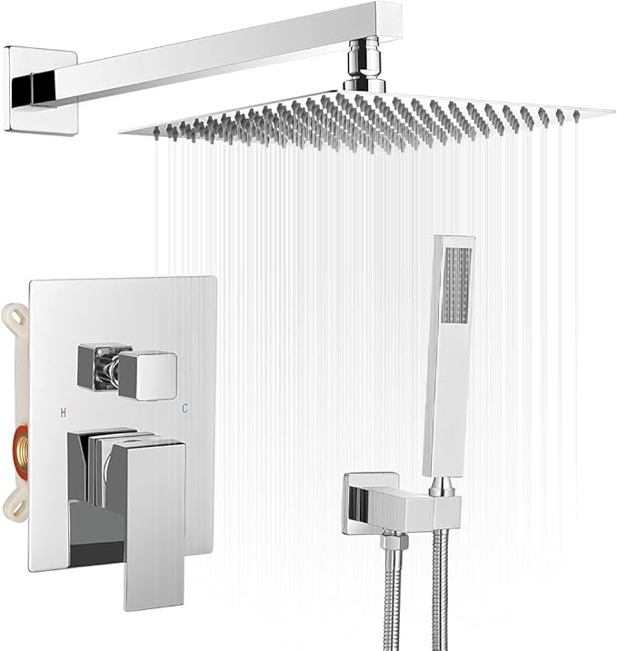 Homevacious 10 Inches Bathroom Luxury Rain Mixer Shower Combo Set Wall Mounted Rainfall Shower Head System Polished Chrome Shower Faucet Rough-in Valve Body and Trim Included