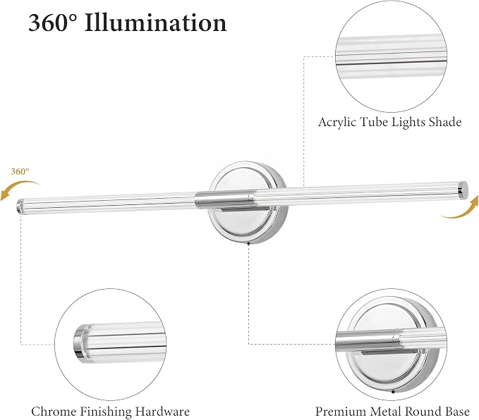 URSOLA 32" Modern LED Bathroom Light Fixtures, Chrome 3CCT Dimmable Bathroom Vanity Light Over Mirror, Bathroom Vanity Bath Bar Lights with 360° Removable Acrylic Light Tube