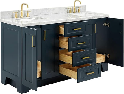 Emilia 66" Midnight Blue Double Bathroom Vanity with Sink, 1.5" Edge Italian Carrara Marble Countertop, Rectangular Sinks, 4 Soft Close Doors, 6 Dovetail Drawers