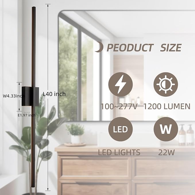 Black Wall Sconces Set of Two, 40 Inch Dimmable LED | Wall Sconce Modern Black Sconces Set of 2 for Bathroom, Living Room, Bedroom, Hardwired 3000K (2 Pack)