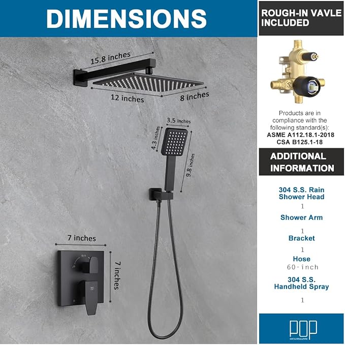 Matte Black Shower Faucet Set Rainfall 12 Inch Shower Head and Handle Set Bathroom Rain Shower System Wall Mounted Shower Fixture Include Shower Valve and Trim Kit