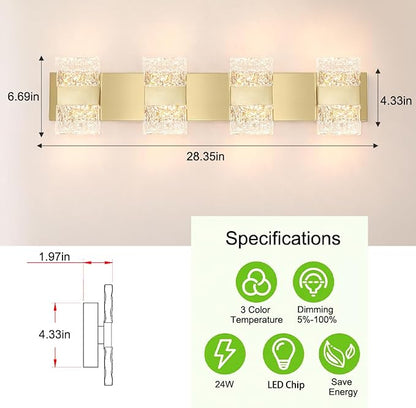 Bathroom Vanity Light Fixture, Modern Brushed Gold LED Vanity Light, Dimmable 24W LED Wall Sconce Lighting for Bathroom, Bedroom, Perfect for Makeup & Shaving