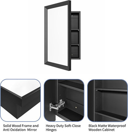 Retro-Style Medicine Cabinet with 17’’x27’’ Solid Wood Mirror Frame, Bathroom Recessed Wall Cabinet, Living Room Wood Storage Cabinet, Black