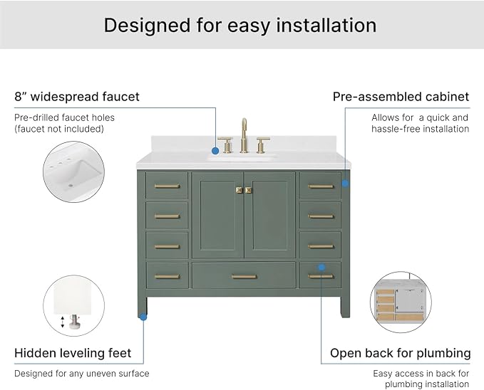 Beckford 48-inch Vintage Green Bathroom Vanity with Center Rectangle Single Sink, Carrara White Quartz Countertop & Backsplash, Solid Wood Frame, Soft-Closing & Dovetail Drawers