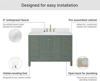 Beckford 48-inch Vintage Green Bathroom Vanity with Center Rectangle Single Sink, Carrara White Quartz Countertop & Backsplash, Solid Wood Frame, Soft-Closing & Dovetail Drawers