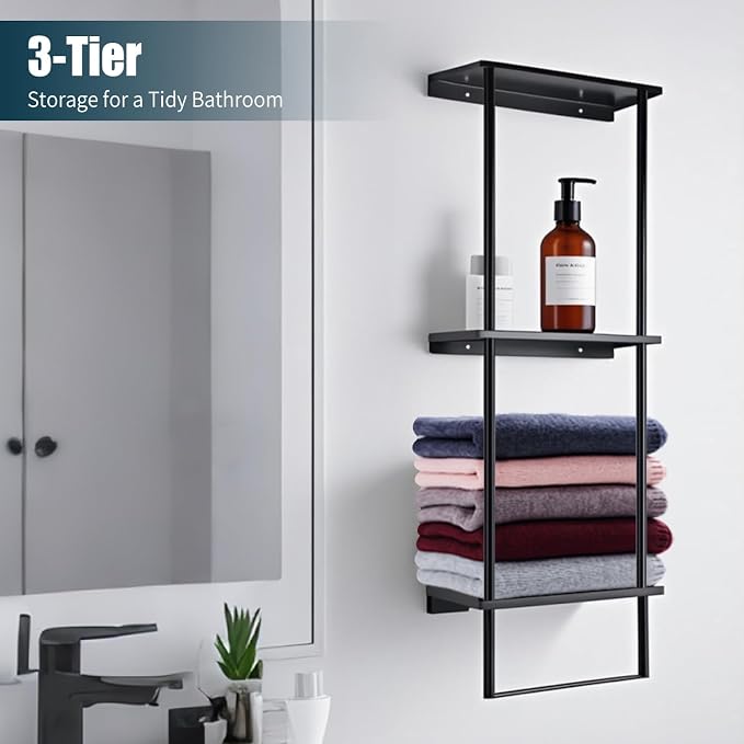 Bathroom Towel Rack, Towel Storage for Bathroom, 3 Tier Towel Rack with Shelf and Towel Bar, Towels Storage and Organizer - Matte Black
