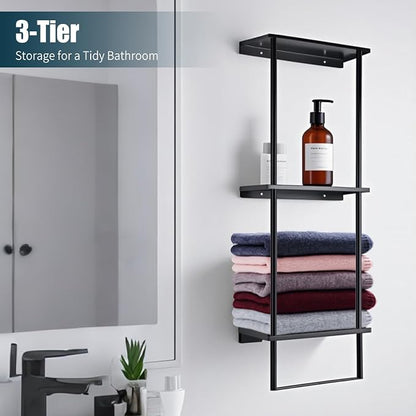 Bathroom Towel Rack, Towel Storage for Bathroom, 3 Tier Towel Rack with Shelf and Towel Bar, Towels Storage and Organizer - Matte Black