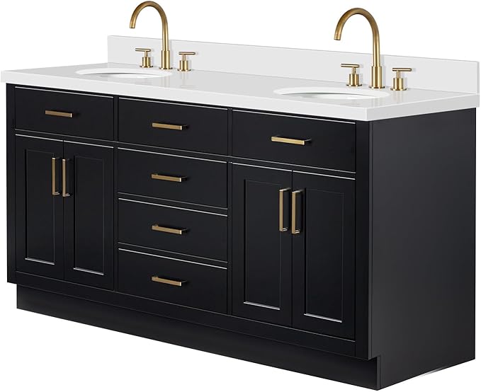 ARIEL Hepburn 66-inch Bathroom Vanity with Sink,Solid Wood, 1.5-inch Pure White Quartz Countertop & Backsplash, Double Oval Porcelain Sink, 4 Soft Closing Doors, 6 Dovetail Drawers, Black