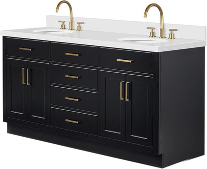 ARIEL Hepburn 66-inch Bathroom Vanity with Sink,Solid Wood, 1.5-inch Pure White Quartz Countertop & Backsplash, Double Oval Porcelain Sink, 4 Soft Closing Doors, 6 Dovetail Drawers, Black