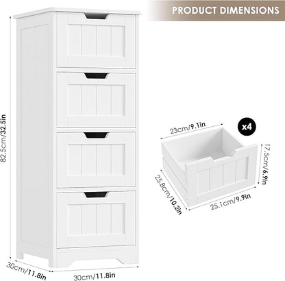 FOTOSOK Bathroom Storage Cabinet, Bathroom Cabinet with 4 Drawers, 11.8” x 11.8” x 32.5” Freestanding Entryway Cupboard Storage Organizer Unit Home Furniture Decor, White