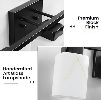 3-Light Square Bathroom Light Fixture, Matte Black Modern Vanity Light with White Marble Glass Shade, for Bathroom Mirror, Living Room, Bedroom, Hallway, E26 Base