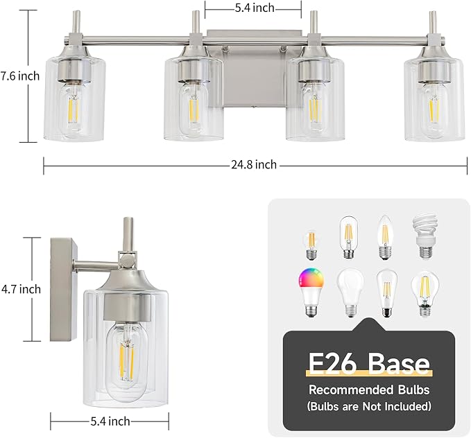4-Light Modern Bathroom Vanity Light,Brushed Nickel Light Fixtures for Bathroom,Modern Wall Light Over Mirror with Glass E26 Socket (Bulbs Not Included)
