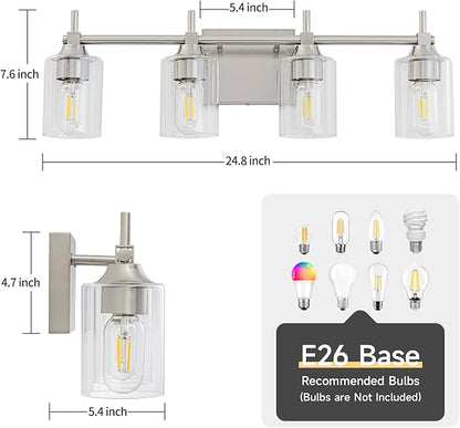 4-Light Modern Bathroom Vanity Light,Brushed Nickel Light Fixtures for Bathroom,Modern Wall Light Over Mirror with Glass E26 Socket (Bulbs Not Included)