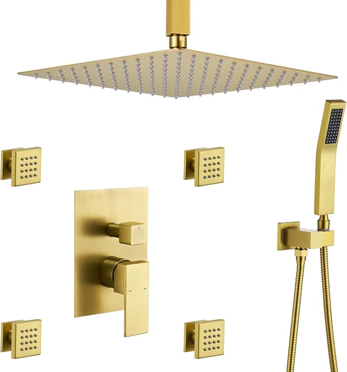 Rain Shower System With Complete 4 Pcs Body Sprays Jets And Pressured Balance Rough-in Valve,12Inch Rainfall Shower Head And Handheld, Modern Brushed Gold Ceiling Mount Shower Faucet Sets