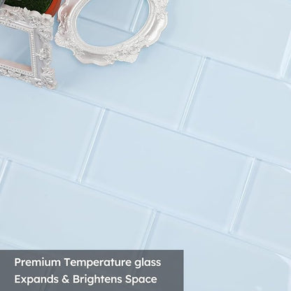 Light Blue Glass Subway Tile, 3x6 Inch, 4 Sq.Ft, Glass Backsplash Tile for Kitchen Shower Bathroom Wall, Pack-32 Pcs