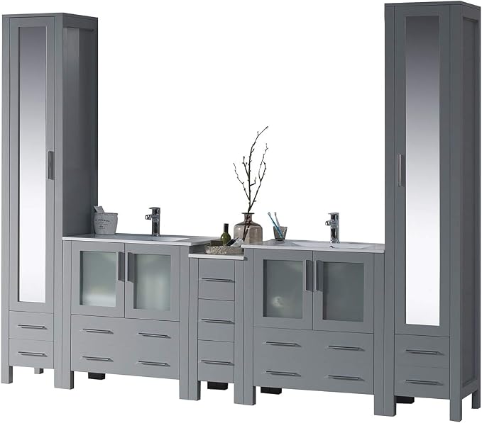 Blossom 102" Solid Wood Master Bathroom Vanity Set – Pre-Assembled Double Sink Cabinet with Storage Tower Combo & Soft Close Drawers – High End Furniture Grade Luxury Vanity in Metal Grey