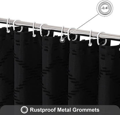 Black Boho Woven Fabric Shower Curtain with Tassel 72x72, Tufted Textured | Modern Farmhouse Curtain for Bathroom, Standard Bathroom Curtain, Minimalist Decor, Waterproof