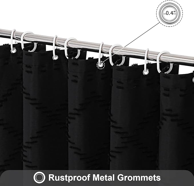 Black Boho Woven Fabric Shower Curtain with Tassel 36x72, Tufted Textured | Modern Farmhouse Curtain for Bathroom, Stall Bathroom Curtain, Minimalist Decor, Waterproof