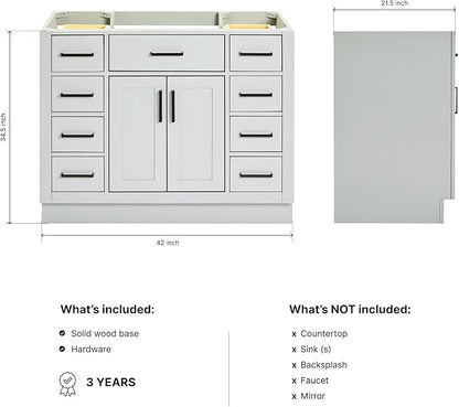 ARIEL Hepburn 42-inch Bathroom Vanity Base Cabinet,Solid Wood, 2 Soft Closing Doors, 9 Dovetail Drawers, Grey