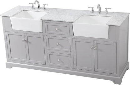72" Pre-Assembled Bathroom Vanity with Sink, Solid Birch and MDF, Carrara White Marble Countertop Attached, Double Rectangle Porcelain Sink, 3 Soft-Close Drawers, Grey