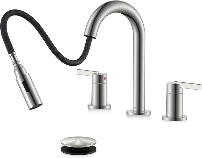 KENES Brushed Nickel Widespread Bathroom Faucet with Sprayer, 8 Inch 3 Hole Bathroom Sink Faucet with Pull Out Sprayer, Pull Down 2 Handle Vanity Faucet with Pop Up Drain & Supply Lines LJ-9068
