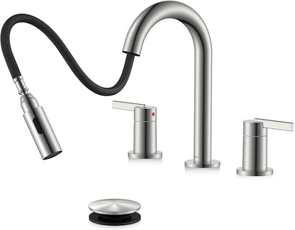 KENES Brushed Nickel Widespread Bathroom Faucet with Sprayer, 8 Inch 3 Hole Bathroom Sink Faucet with Pull Out Sprayer, Pull Down 2 Handle Vanity Faucet with Pop Up Drain & Supply Lines LJ-9068