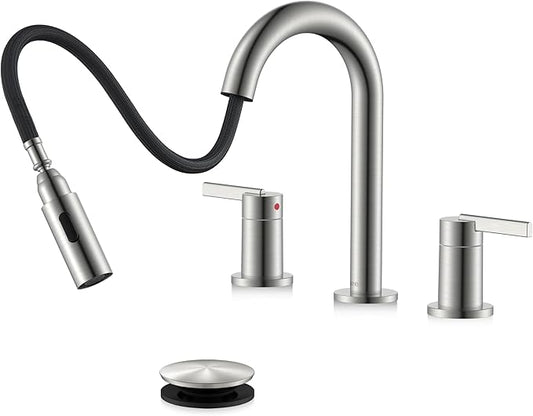 KENES Brushed Nickel Widespread Bathroom Faucet with Sprayer, 8 Inch 3 Hole Bathroom Sink Faucet with Pull Out Sprayer, Pull Down 2 Handle Vanity Faucet with Pop Up Drain & Supply Lines LJ-9068