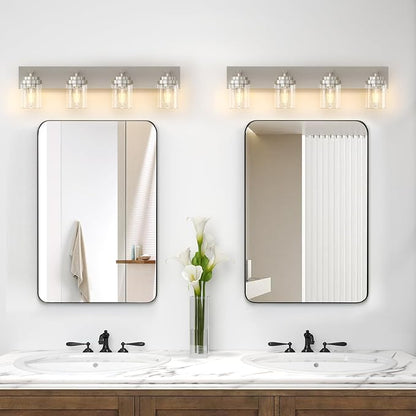 IZORRO Bathroom Vanity Light Fixture, 4-Light 30 Inch Brushed Nickel Bathroom Light Fixtures Over Mirror, with Clear Glass Shade, Modern Farmhouse Vanity Lights, Rustic Restroom Lighting Fixtures
