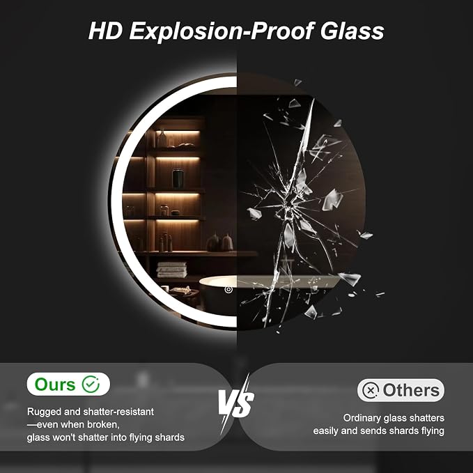 DUMOS 28 Inch Round LED Bathroom Mirror with Lights, Circle Vanity Mirror | Anti-Fog, Dimmable, 3-Color Light, Front Light and Backlit, Memory Function, Tempered Glass