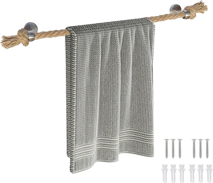 18 Inch Towel Rack - Nautical Rope Beach Bathroom Decor, Bathroom Accessories Wall Mount Coastal Towel Holder with Knot Design, Rustic Towel Bar Silver Stainless Steel