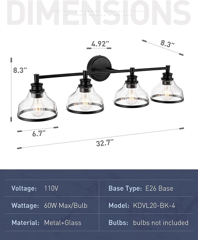 kudos 4-Light Matte Black Vanity Light, Clear Glass Shade | 33" bathroom light fixtures over mirror, upward or downward, E26 base, bulbs not included, Hardwired, KDVL20-BK-4