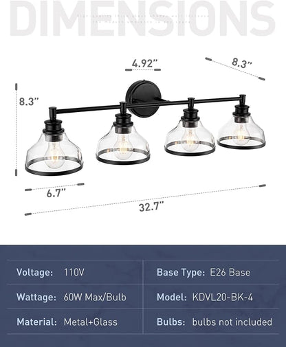 kudos 4-Light Matte Black Vanity Light, Clear Glass Shade | 33" bathroom light fixtures over mirror, upward or downward, E26 base, bulbs not included, Hardwired, KDVL20-BK-4