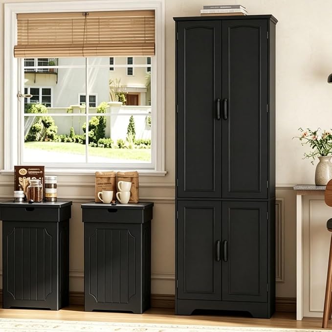Function Home 72" Kitchen Pantry Cabinet, Tall Wood Farmhouse Storage Cabinet with Doors and Adjustable Shelves, 6 Tier Freestanding Cupboard for Kitchen Dining Room Living Room Bathroom, Black